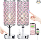 Hong-in Pink Crystal Lamp Set of 2, 3 Way Dimmable Touch Lamp for Bedroom with Crystal Shade, Bedside Nightstand Lamps for Living Room Bedroom Home Office