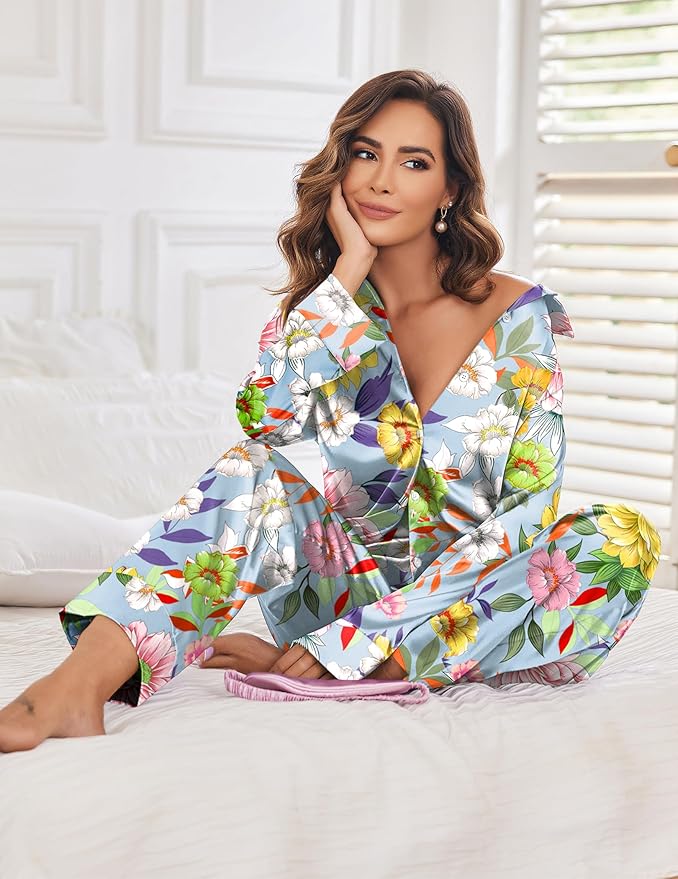 Ekouaer Women Satin Silk Pajamas Classic Long Sleeve Button Down Pjs Set Soft Loungewear