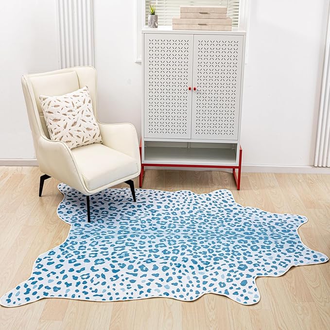 Leopard Rug, Cheetah Print Area Rug 4.6x5.2 Feet Faux Animal Print Skin Carpet for Living Room Bedroom Home Decor (Blue)