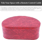 QIELIZI Remote Control Holder, PU Leather Remote Caddy Desktop Organizer with 5 Spacious Compartments for TV Remotes/Media Controllers/Office Supplies (1-Carved Red