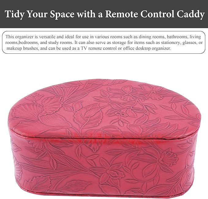QIELIZI Remote Control Holder, PU Leather Remote Caddy Desktop Organizer with 5 Spacious Compartments for TV Remotes/Media Controllers/Office Supplies (1-Carved Red