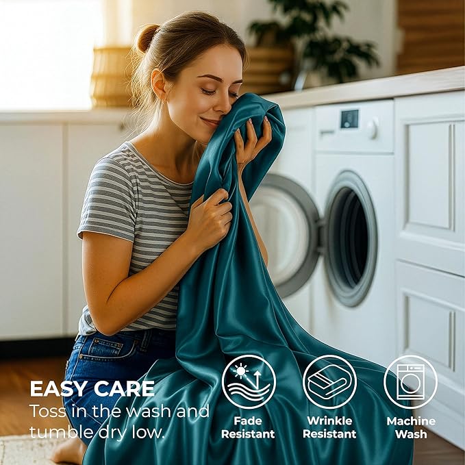 Satin Sheets Queen [4-Piece, Teal] Hotel Luxury Silky Bed Sheets - Extra Soft 1800 Microfiber Sheet Set, Wrinkle, Fade, Stain Resistant - Deep Pocket Fitted Sheet, Flat Sheet, Pillow Cases