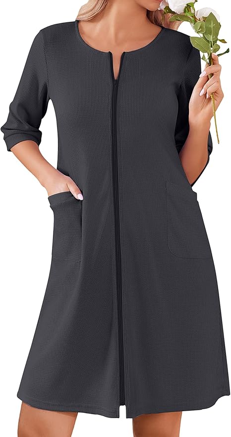 Ekouaer Women Zipper Robes Knee Length Waffle Knit Bathrobe Lightweight House Coat with Pockets 3/4 Sleeves Loungewear S-3XL