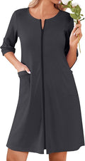 Ekouaer Women Zipper Robes Knee Length Waffle Knit Bathrobe Lightweight House Coat with Pockets 3/4 Sleeves Loungewear S-3XL