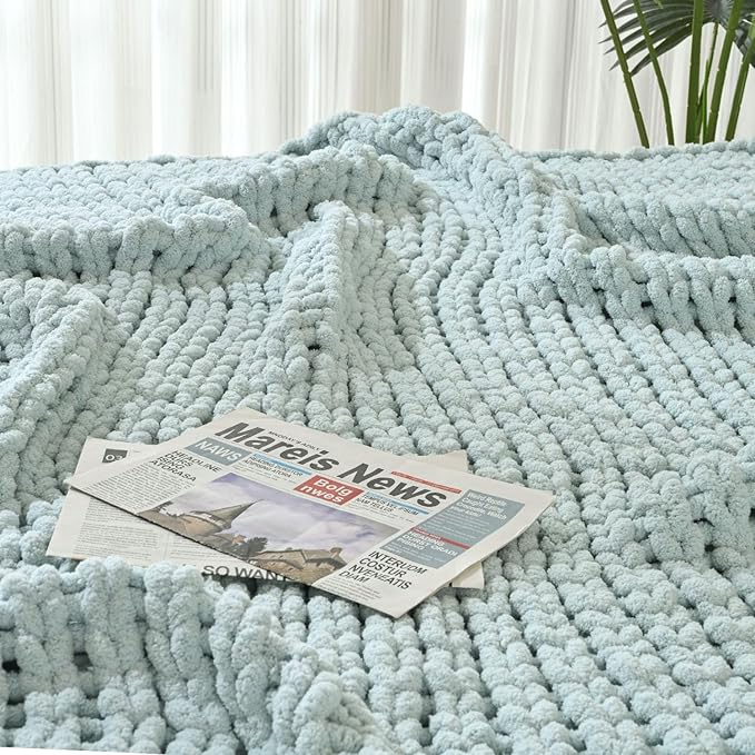 Esterra Chunky Knit Blanket Throw 40"x50", 100% Hand Knitted Chenille Throw Blanket, Cozy Soft Thick Cable Knit Throw Large Rope Knot Crochet Throw Blanket for Sofa Couch Bed, Sky Blue