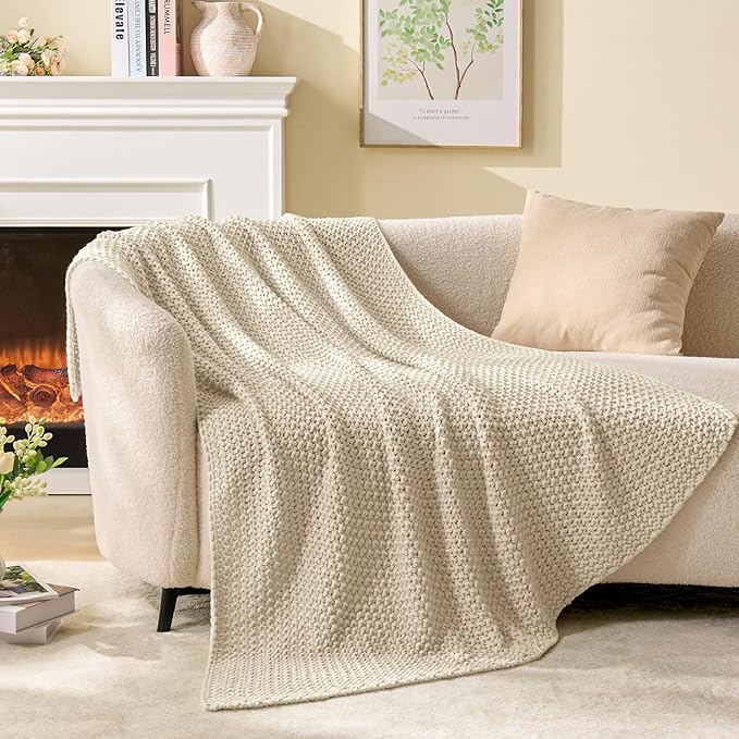 BEDELITE Chunky Cable Knit Throw Blanket for Couch,Super Soft Cozy Woven Blanket for Room Decor,50"x60", Beige