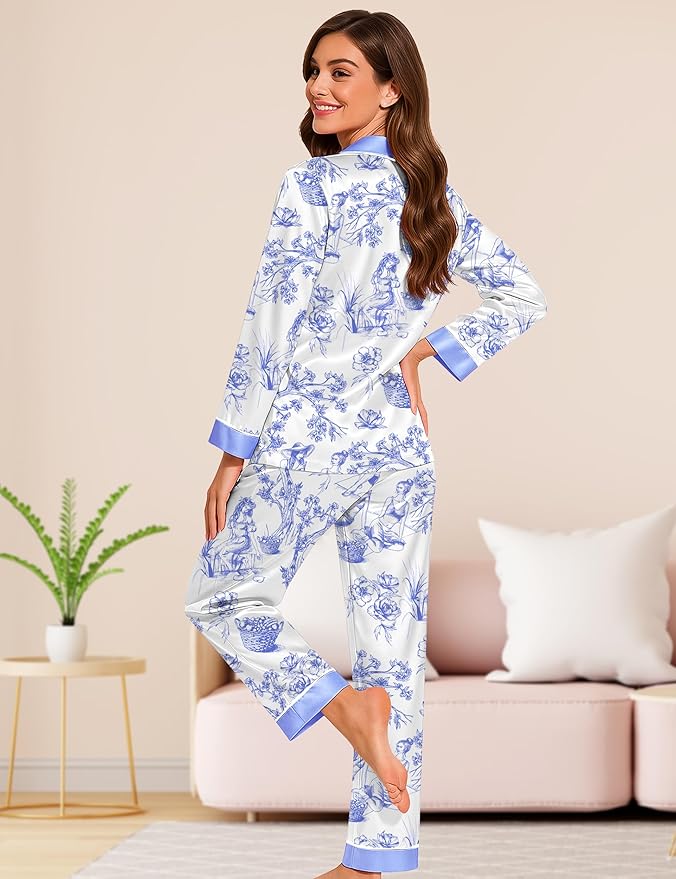 DOLOS Silk Satin Pajama Set for Women Short/Long Sleeve 2-Piece Silky Pajamas for Women Button Down Pjs Sleepwear Loungewear