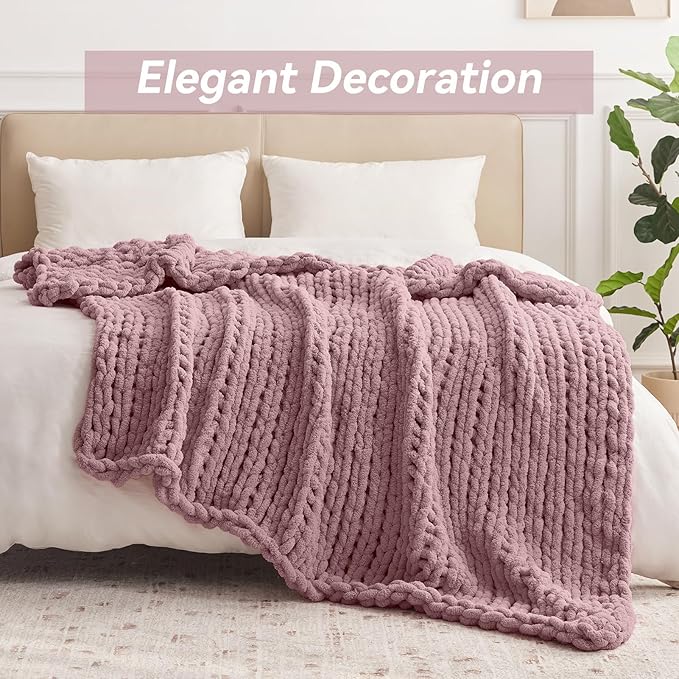Negwoo Chunky Knit Throw Blanket, 50''*60'' Knitted Throw Chenille Yarn for Bed Couch, Handmade Muted Pink Crochet Big Thick Blanket, Machine Washable Cute Comfy Blanket for Home Decor