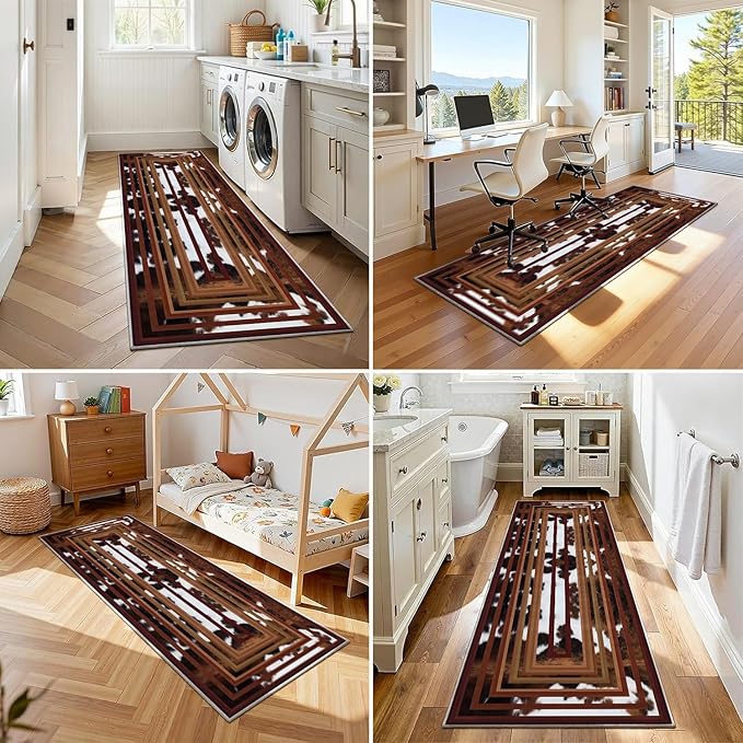 Country Farmhouse Faux Cowhide Rug, 2x7ft,Aztec Decor Western Rugs for Living Room,Southwestern Native American Tribal Washable Runner Rug,for Bedroom, Indoor Entrance, Kitchen Carpet