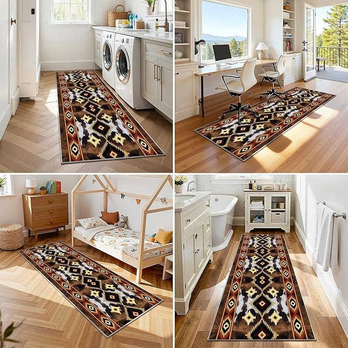 Rustic Brown Runner Cowhide Rugs,1.3x7ft,Western Aztec Decor Kitchen Runners,Southwestern Decor Native American Tribal Hallway Runner Rug,for Bedside Bedroom Entrance Farm Cow Print Carpet