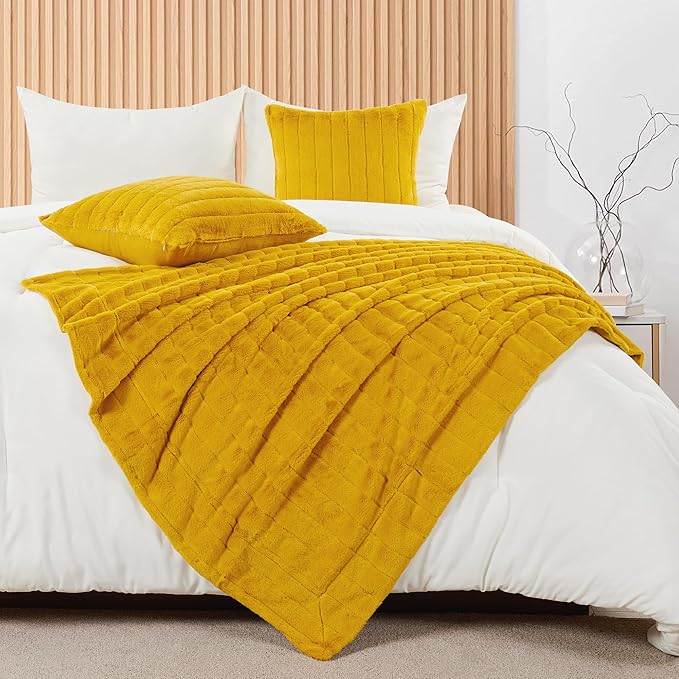 Striped Throw Blanket and Pillow Covers Set (No Inserts) for Couch and Bed, Plush Warm Lightweight Fuzzy Faux Fur Blanket for All Seasons (60" x 80", Mustard Yellow)