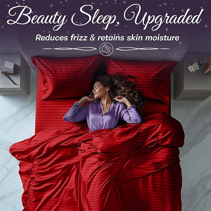 SLEEP SANCTUARY Satin Sheets Queen Size – 4 Piece Luxury Silky Bed Set, Softer Than Silk, 15" Deep Pocket, Cooling & Wrinkle-Free, Moisture-Wicking & Breathable for Hair & Skin (Striped Red)