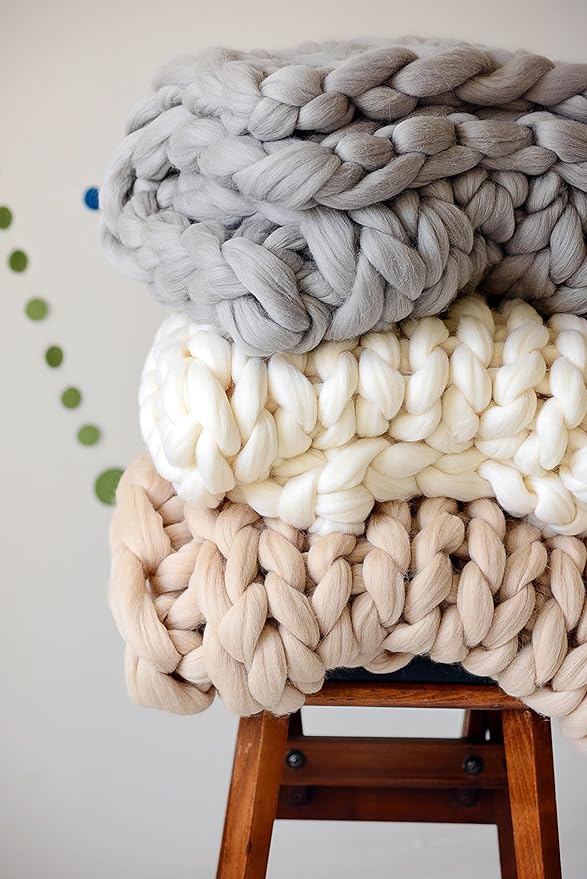 Throw Blanket Full Size 54"x75" for Bed - Chunky Knit Blanket, Boho Throw Blanket for Couch 100% Merino Wool (Grey, 54"x75")