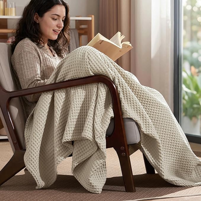PHF Ultra Soft Waffle Weave Blanket Queen Size 90"x 90"- Washed Lightweight Breathable Cozy Woven Blanket for Bed - Aesthetic Decor for Couch Bedding Sofa Home Car - Light Khaki/Linen