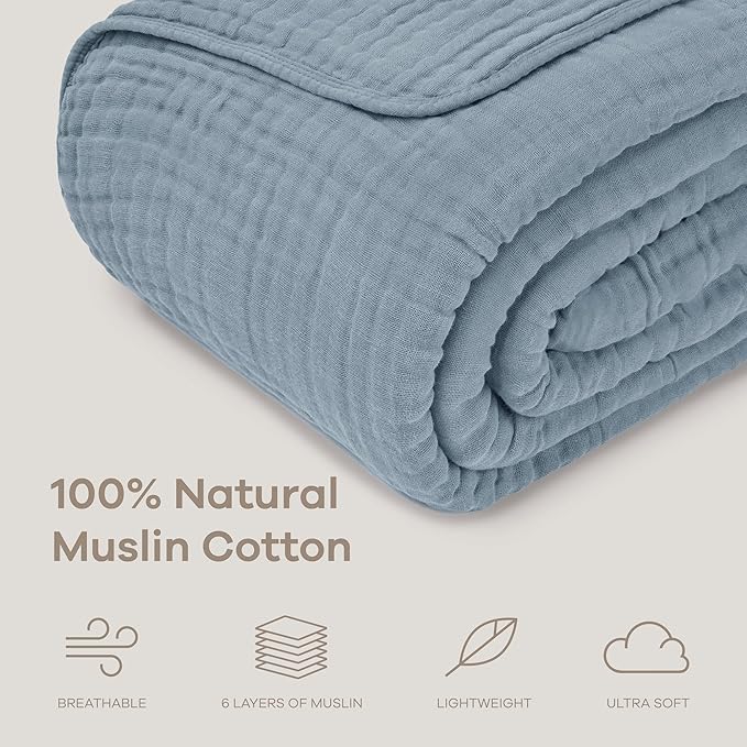 Comfy Cubs Muslin Blanket for Adults King 108" x 90" - 6 Layer Soft, Breathable & Lightweight Muslin Adult Blanket - Machine Washable & Designed in The US Bedding for All Seasons - Pacific Blue