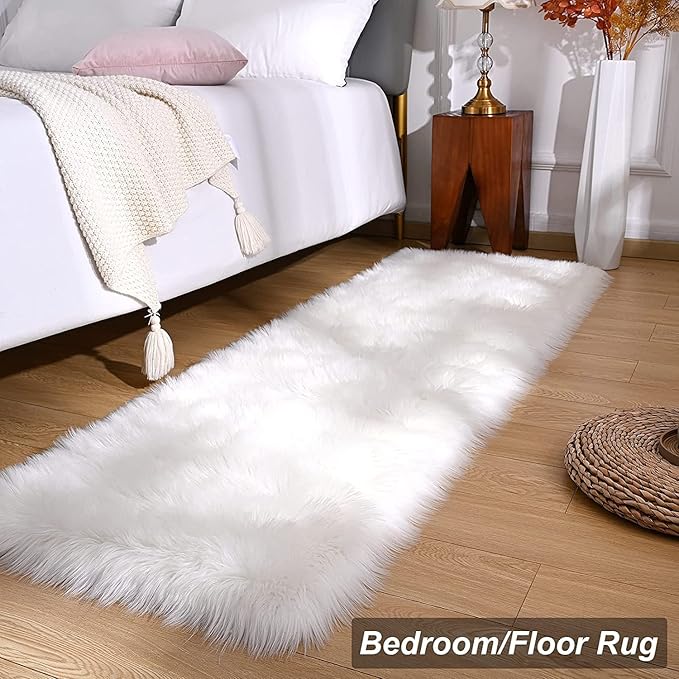 Fluffy White Faux Fur Rug Runner 2x6 ft, Soft Faux Sheepskin Rug White Furry Carpet for Living Room Bedroom Luxury Room Decor, Washable Plush Runners for Bedside Nursery Playroom Fur Carpet