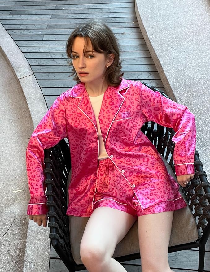 Ekouaer Satin Pajama Set for Women Button Down Pj Set Long Sleeve Top and Shorts 2 Piece Loungewear Summer Soft Sleepwear