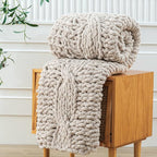 WESHIONGOO Chunky Knit Blanket Throw 50"×60" Knitted Throw Blankets for Couch Bed Fluffy Soft Blanket with Jumbo Chenille Yarn Thick 100% Handmade (Linen)