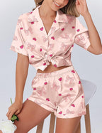 Ekouaer Womens Silk Satin Pajamas Set Animals Print Pjs Button Down Short Sleeve Lounge Set 2 Piece Sleepwear
