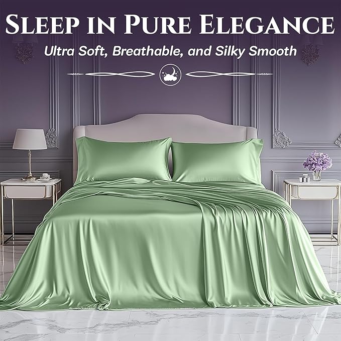 SLEEP SANCTUARY Satin Sheets Queen Size – 4 Piece Luxury Silky Bed Set, Softer Than Silk, 15" Deep Pocket, Cooling & Wrinkle-Free, Moisture-Wicking & Breathable for Hair & Skin (Sage Green)