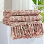Multi-Color Light Pink Cable Woven Throw Blanket for Couch,60"X80" Boho Style Textured Blankets for Home Decor,Super Soft Warm Cozy Chunky Blanket with Decorative Tassels for Bed