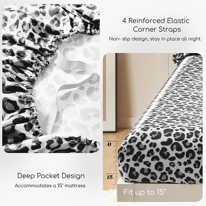 MR&HM Satin Sheets with Elastic Corner Straps, King Size Sheets Set, 4 Pcs Silky Bedding Set with 15 Inches Deep Pocket for Mattress (King, White Leopard)