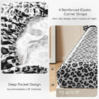 MR&HM Satin Sheets with Elastic Corner Straps, King Size Sheets Set, 4 Pcs Silky Bedding Set with 15 Inches Deep Pocket for Mattress (King, White Leopard)