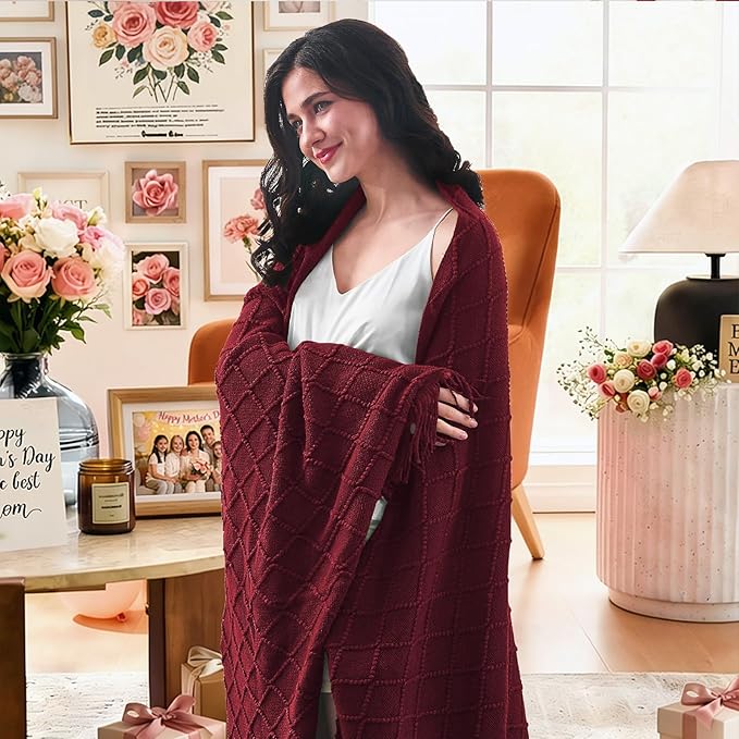inhand Claret Knitted Throw Blanket for Couch Bed, Mothers Day/Mom Birthday Gifts for Mom from Daughter Son, Soft Lightweight with Tassels, Farmhouse Warm Decorative Blanket for Women, 60"x80"