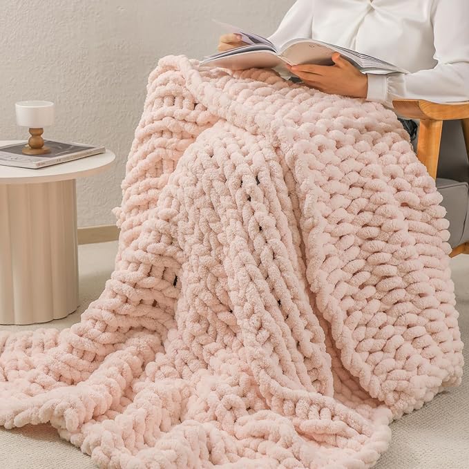 bearberry Chunky Knit Throw Blanket 60x80 Inches Handmade, Soft Jumbo Chenille Yarn with Cable Rope Knot Design | Thick Cozy Large Blanket for Couch, Sofa, Bed & Living Room Home Decor | Pink
