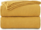 Longhui bedding Mustard Yellow Cotton Cable Knit Throw Blanket for Couch Sofa Bed, Home Decorative Lightweight Knitted Blankets with Bonus Laundering Bag, 60“ x 80”, Machine Washable