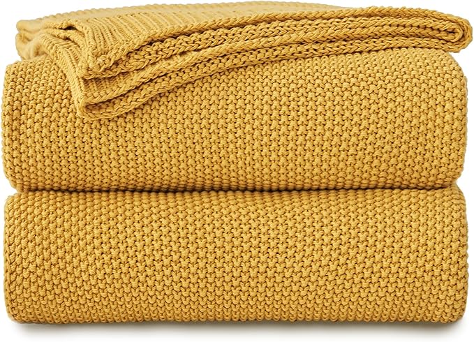 Longhui bedding Mustard Yellow Cotton Cable Knit Throw Blanket for Couch Sofa Bed, Home Decorative Lightweight Knitted Blankets with Bonus Laundering Bag, 50“ x 60”, Machine Washable