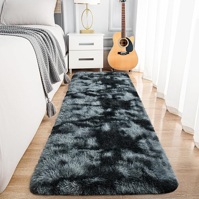 Noahas Runner Rug for Hallway,2'x6' Tie-Dyed Black and Grey Long Area Rugs for Bedroom Living Room,Non Slip Thick Shag Carpet for Entryway Dorm Bedside Kids Room