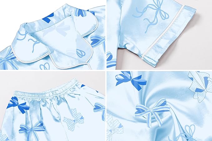 Umeyda Girls Womens Pajamas Set, Satin Silky Button Down Loungewear 2 Piece Short Sleeve Pants PJS Sets for Mommy Kids