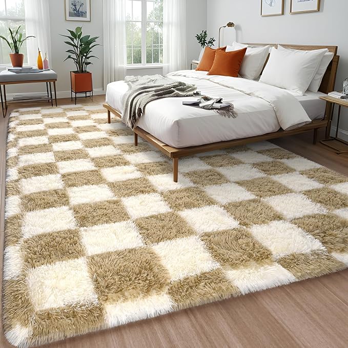 Beige and White Area Rugs, 5x7 Large Fluffy Rugs for Bedroom Living Room, Soft Shaggy Modern Indoor Carpets, Cute Plush Rugs for Kids Girls Room Nursery, High Pile Throw Rug for Home Decor