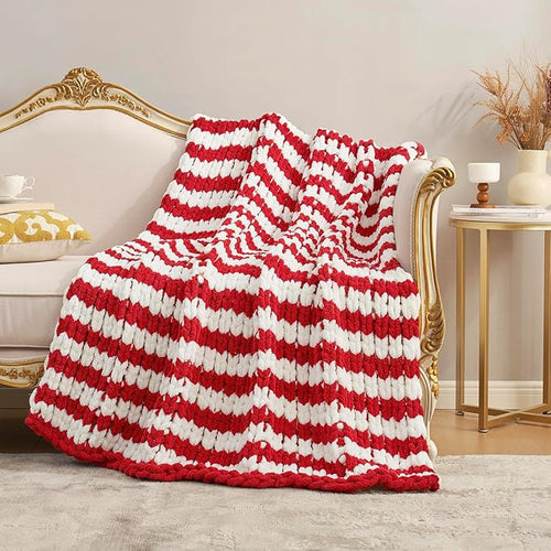 Amélie Home Chunky Knit Throw Blanket for Couch, Soft Chenille Handmade Crochet Throw Rope Knot Blanket for Couch, 50"x60",Red White Stripe
