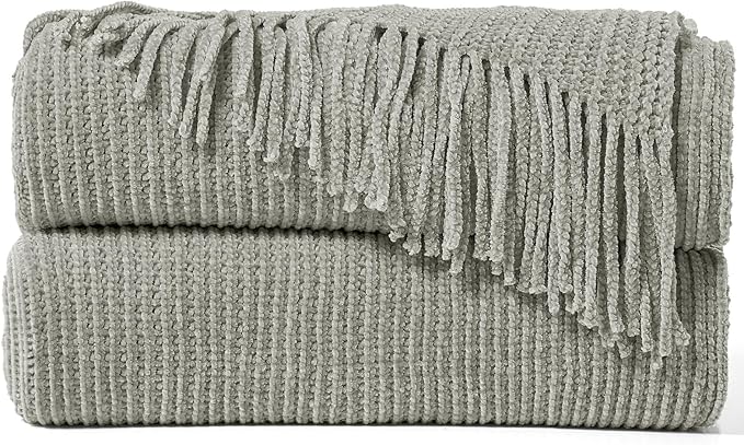 inhand Throw Blanket for Couch Bed,Chunky Chenille Woven Soft Blankets with Tassels, Cozy Boho Farmhouse Fall Winter Decor,Warm for Women,60"x80",Medium Thick-Light Grey