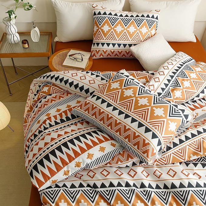 Luxlovery Aztec Orange Comforter Set Twin Boho Geometric Bedding Set Beige Black Multicolor Farmhouse Blanket Quilts Soft Rustic 3PCS Comforter Set