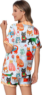 Ekouaer Womens Silk Satin Pajamas Set Animals Print Pjs Button Down Short Sleeve Lounge Set 2 Piece Sleepwear