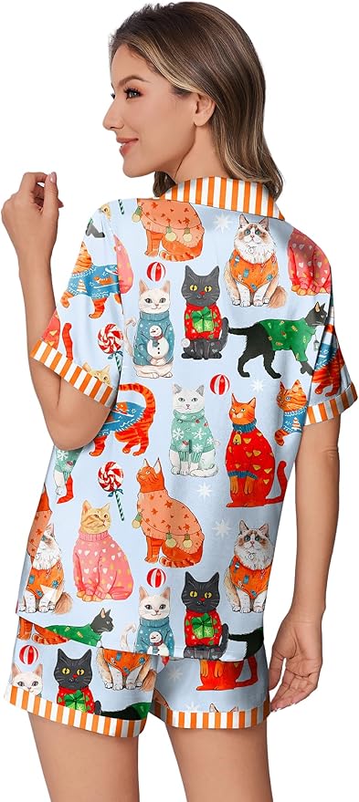 Ekouaer Womens Silk Satin Pajamas Set Animals Print Pjs Button Down Short Sleeve Lounge Set 2 Piece Sleepwear