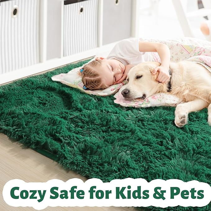 Amdrebio Dark Green Large Living Room Rug 6x9, Fluffy Area Rugs for Bedroom, Soft Fuzzy Shag Rug for Kids Playroom Dorm, Thick Big Modern Rugs for Living Room Decor, Plush Cool Emerald Green Carpet