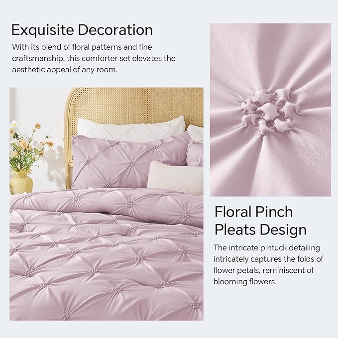BEDELITE Light Purple Queen Comforter Set - 3 Pieces Boho Pintuck Bedding Comforter Sets, Lightweight Soft & Warm Bed Comforter Queen with 2 Pillowcases for All Season