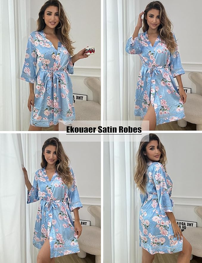 Ekouaer Women's Lace-Trim Silk Robes Bride Bridesmaid Kimono Satin Bathrobe V Neck Sleepwear with 3/4 Sleeve