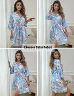 Ekouaer Women's Lace-Trim Silk Robes Bride Bridesmaid Kimono Satin Bathrobe V Neck Sleepwear with 3/4 Sleeve