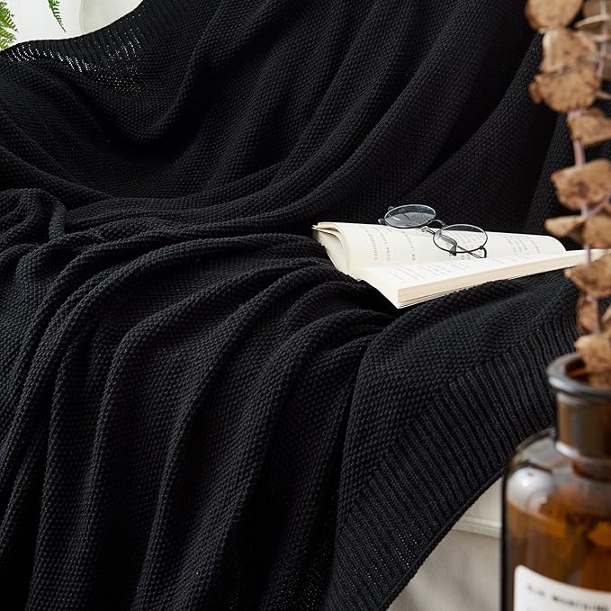 Longhui bedding Black Cotton Cable Knit Throw Blanket for Couch Sofa Chair Bed Home Decorative, 3.4 Pounds 60 x 80 Inch Lightweight Woven Throw Blankets with Bonus Laundering Bag