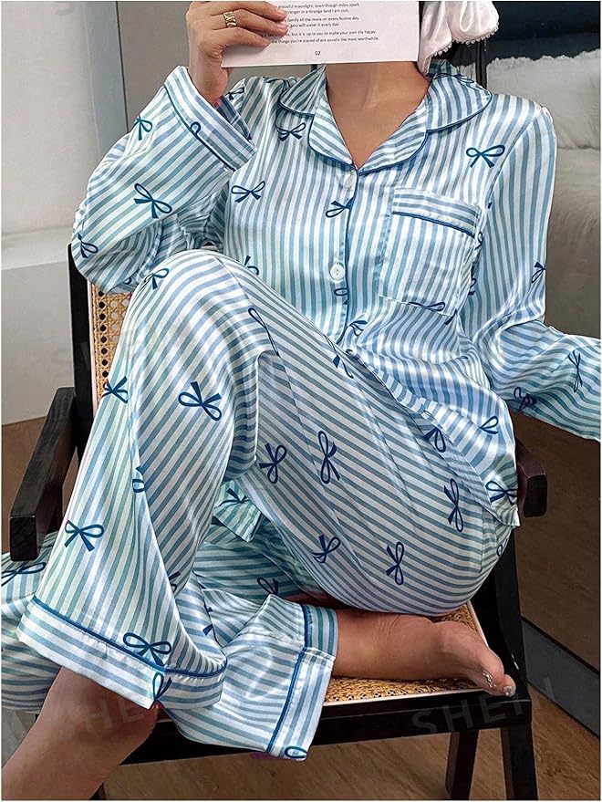 WDIRARA Women's 2 Piece Bowknot Print Satin Pajama Set Long Sleeve Button Down Lounge Pants Sleepwear Sets