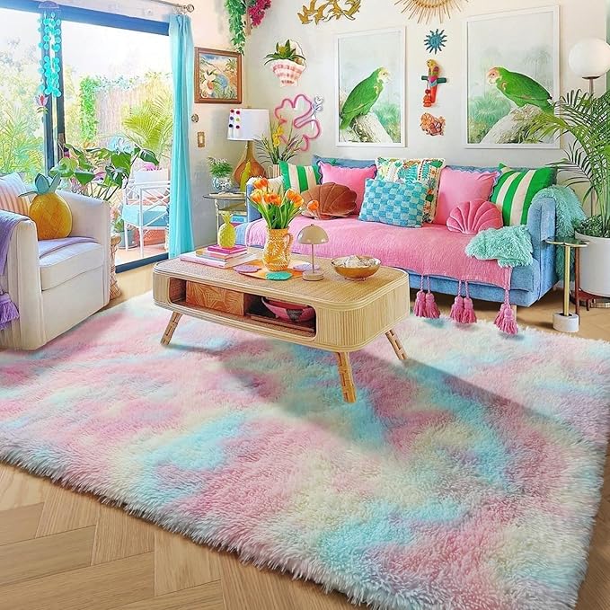 Amdrebio Rainbow Fluffy Kids Rugs for Girls Bedroom, Unicorn Room Decor, 5x7 Colorful Pastel Shag Area Rugs for Playroom Nursery Classroom, Cute Fuzzy Kawaii Princess Carpet for Baby Toddler Teen