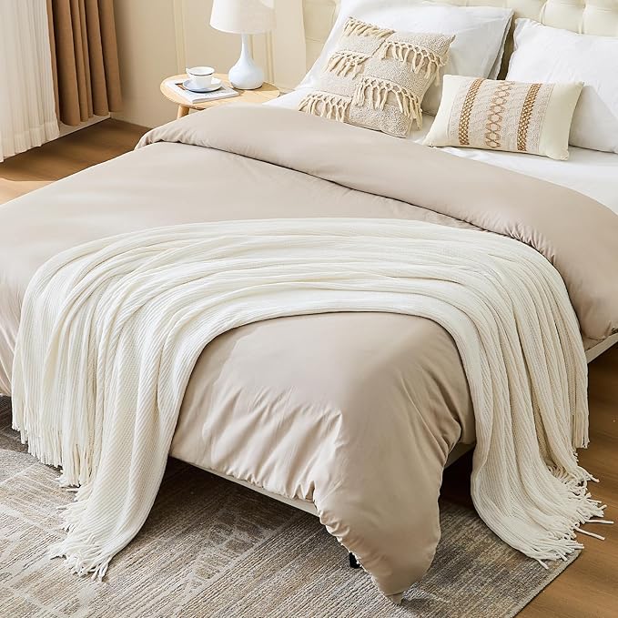 inhand Throw Blanket for Couch Bed,Chunky Chenille Woven Soft Blankets with Tassels,Cozy Boho Farmhouse Spring Summer Fall Decor,Warm Knitted Gifts for Women,50"x60",Medium Thick-Off White