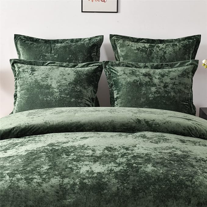 Fredsure Distressed Velvet Comforter Set, 5 Pieces Blackish Green King, Distressed Velvet Face and Brushed Microfiber Reverse