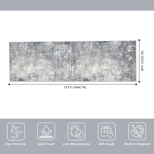 4x12 ft Extra Wide Hallway Rug – Non-Slip Washable Large Long Carpet Runner for Kitchen, Indoor Entryway, Modern Abstract Low-Pile Thin Floor Mat for Bedroom, Living Room, Dining Room（Blue Grey,4x12）