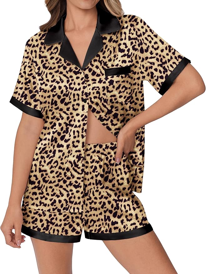 Ekouaer Womens Silk Satin Pajamas Set Animals Print Pjs Button Down Short Sleeve Lounge Set 2 Piece Sleepwear